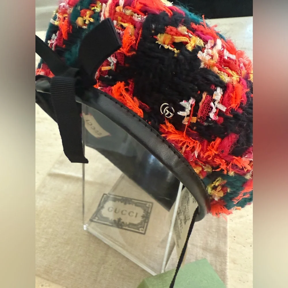 NWT GUCCI LAME BERET CAP Check Lame Sz S Multicolour Orange Tweed